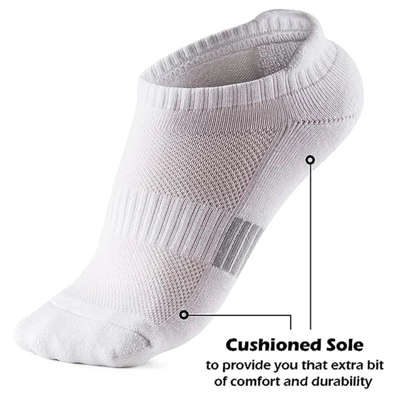 White knitted sports socks shown from the side with a cushioned sole