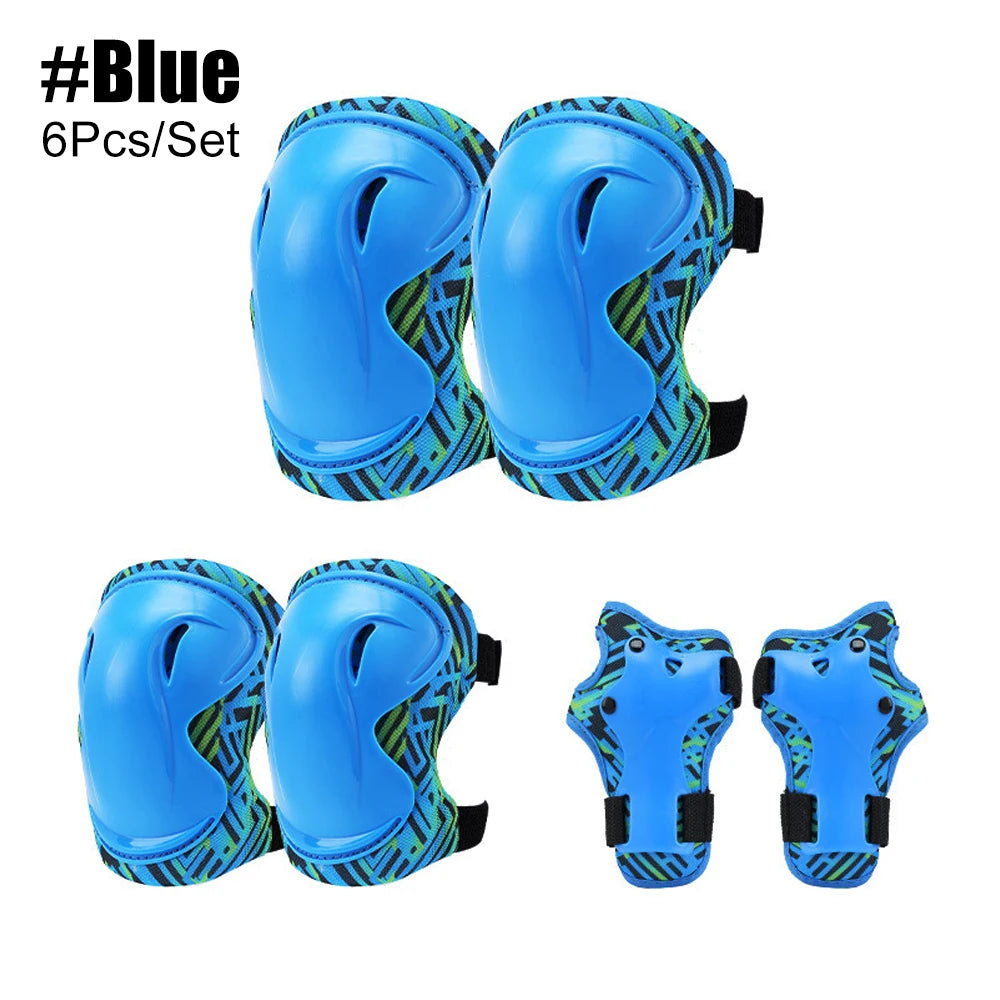 A set of six blue protective gloves for skates and scooters.