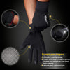 Black windproof fleece-lined touchscreen gloves shown on a hand, highlighting reflective material and silicone grip lines.