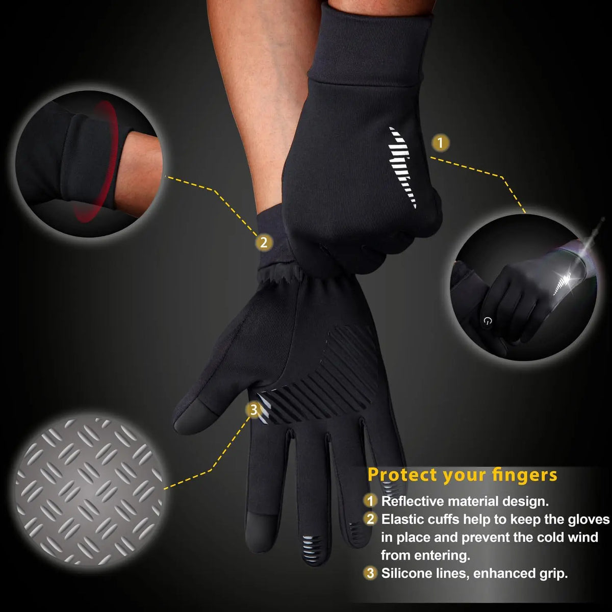 Black windproof fleece-lined touchscreen gloves shown on a hand, highlighting reflective material and silicone grip lines.