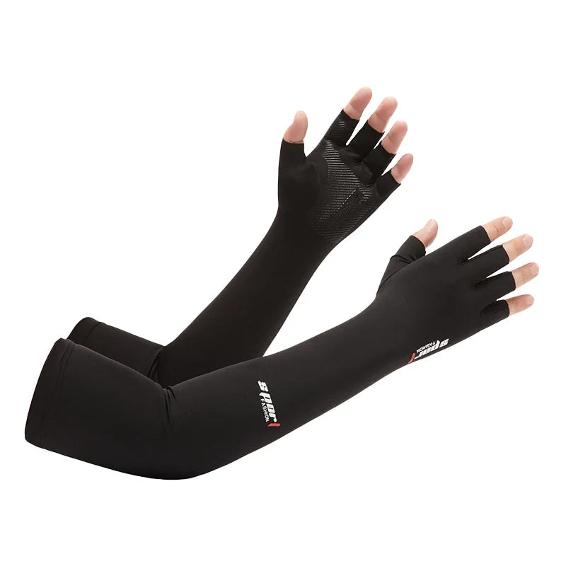 Black UV protection arm sleeves worn on a hand and forearm.