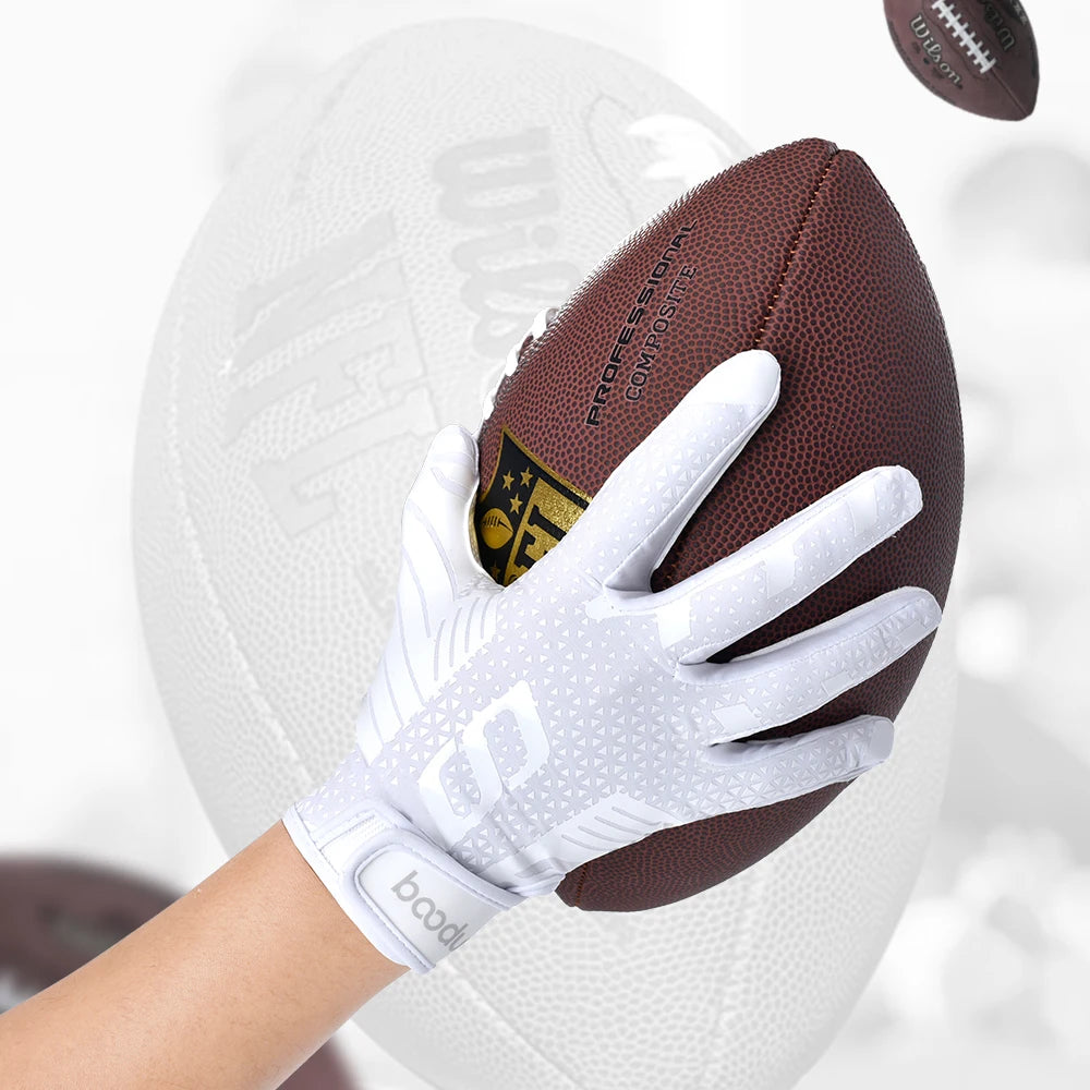 A hand wearing white sports training gloves is holding a brown football, set against a white background.