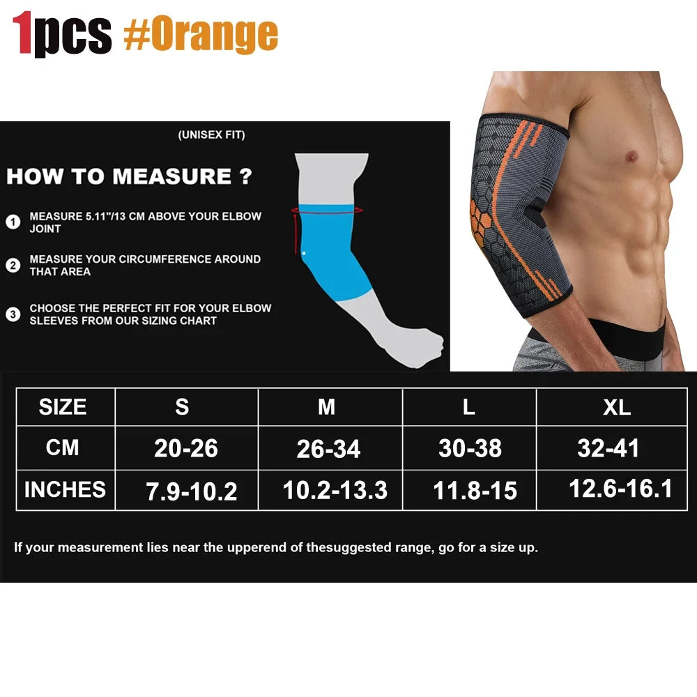 Orange unisex elbow compression sleeve for muscle support shown on a model's arm.