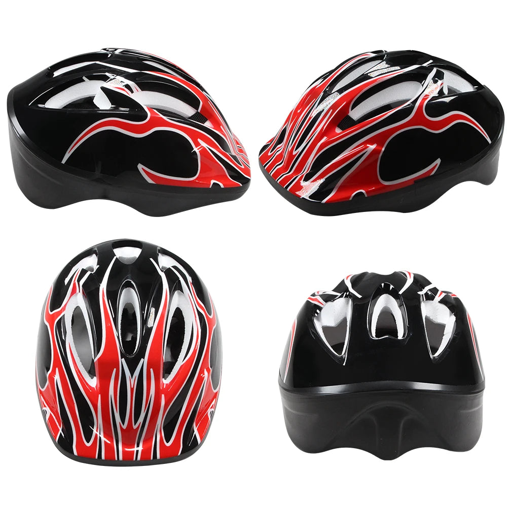 A set of four black and red multi-sport protective helmets for kids shown from different angles.
