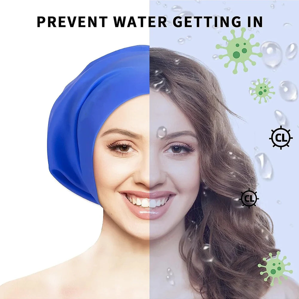 A split image showing a blue silicone swimming cap being worn on a woman's head and hair, emphasizing water protection.