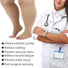 A doctor wearing a white coat demonstrates knee-high compression socks for blood cycling, swelling reduction, and recovery.
