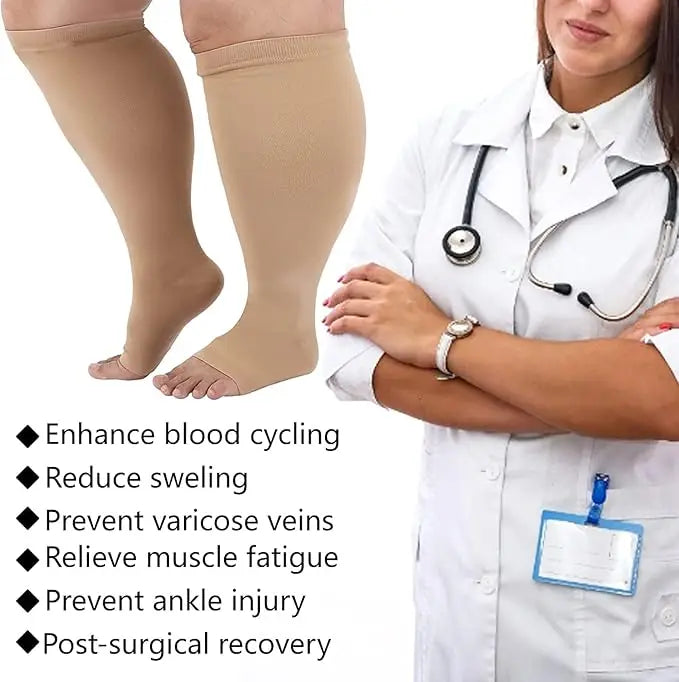 A doctor wearing a white coat demonstrates knee-high compression socks for blood cycling, swelling reduction, and recovery.