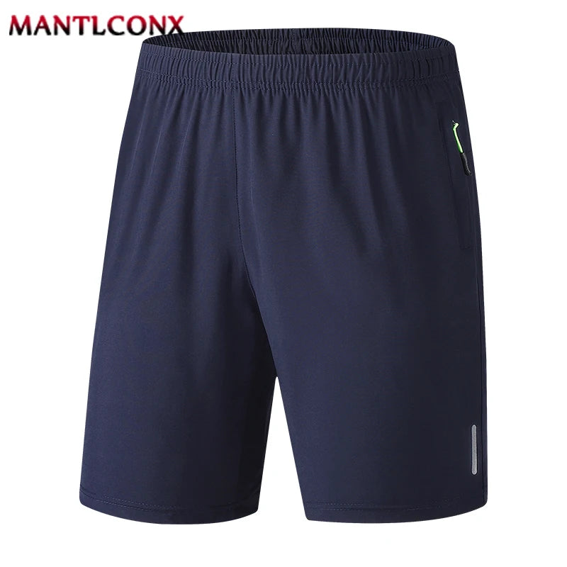 Navy blue men's quick dry jogging shorts shown flat lay