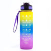 A purple insulated sports water bottle with a straw and time marker showing various time points on the body.