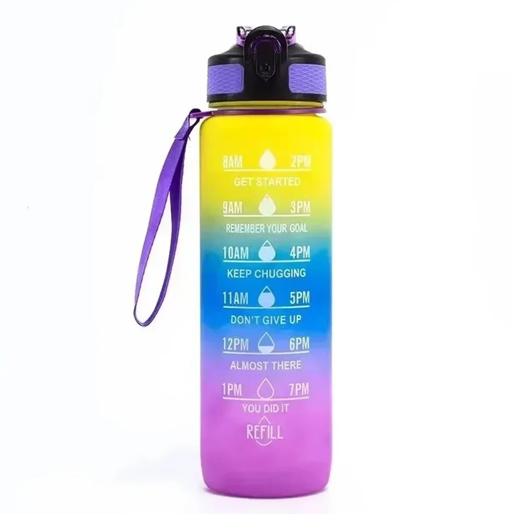 A purple insulated sports water bottle with a straw and time marker showing various time points on the body.