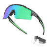 A pair of green and purple polarized sunglasses shown in use and disassembled form.