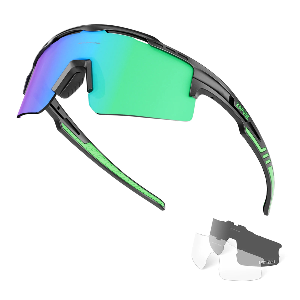 A pair of green and purple polarized sunglasses shown in use and disassembled form.