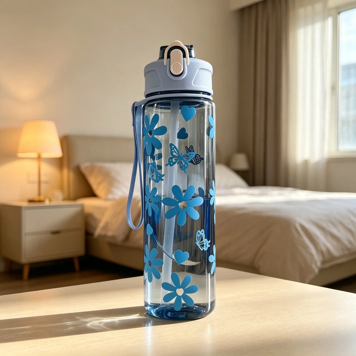 A clear blue water bottle with a strawberry bow design sits on a wooden table next to a bed.