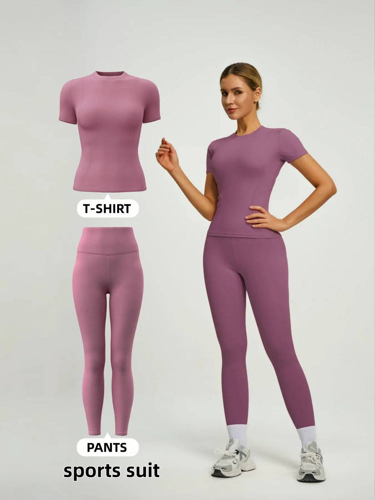 Eine Frau modelliert einen mauvefarbenen Sportanzug mit kurzärmeligem Oberteil und passenden Leggings.