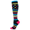 A pair of medical grade compression socks featuring horizontal stripes in black, pink, blue, and yellow with colorful polka d