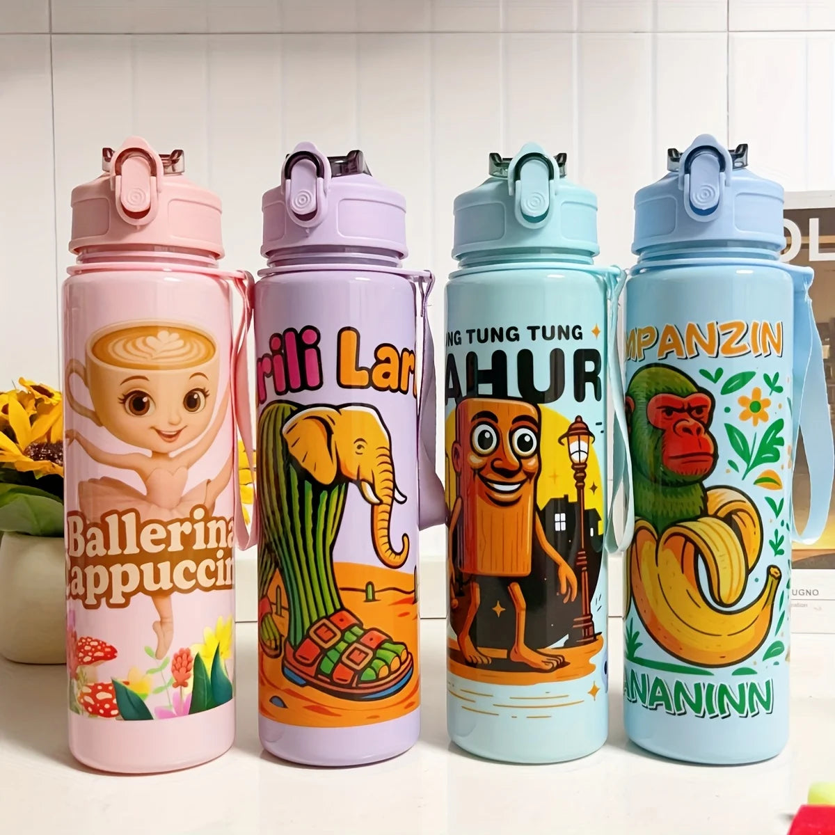 Four colorful insulated sports water bottles featuring different characters and designs.
