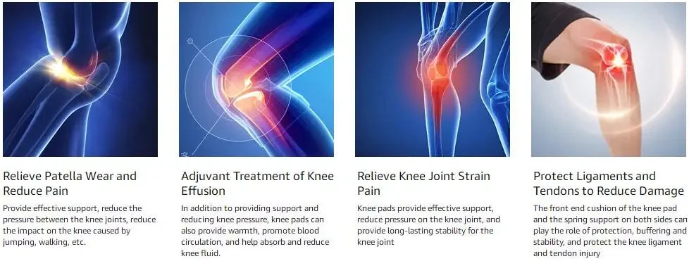 Four images showing the benefits of a copper knee compression sleeve for pain relief, including reducing swelling and strain.