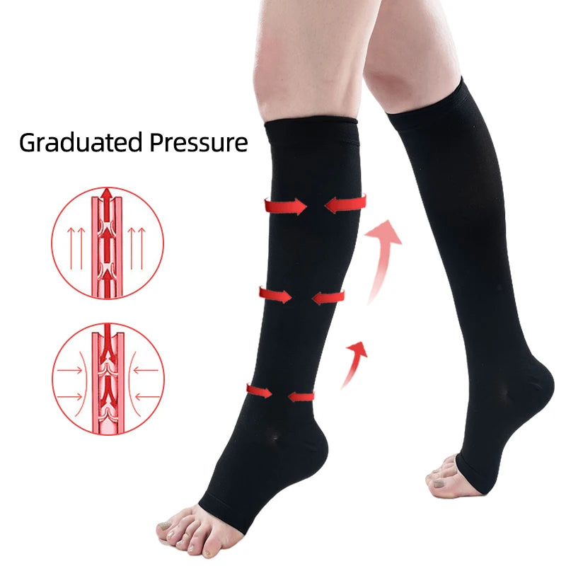 Black graduated pressure knee high compression stockings being worn on a leg.