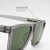 Silver square polarized sunglasses shown with a close-up view highlighting the spring hinge mechanism.