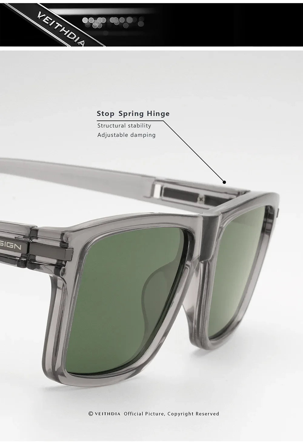 Silver square polarized sunglasses shown with a close-up view highlighting the spring hinge mechanism.