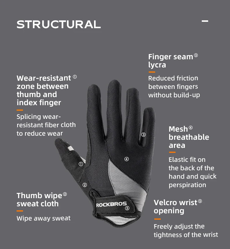 A close-up view of black windproof cycling gloves showing various features like finger seams and wrist openings.