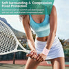 A woman wearing a blue compression top and white shorts is holding a tennis racket, demonstrating soft surrounding and compre