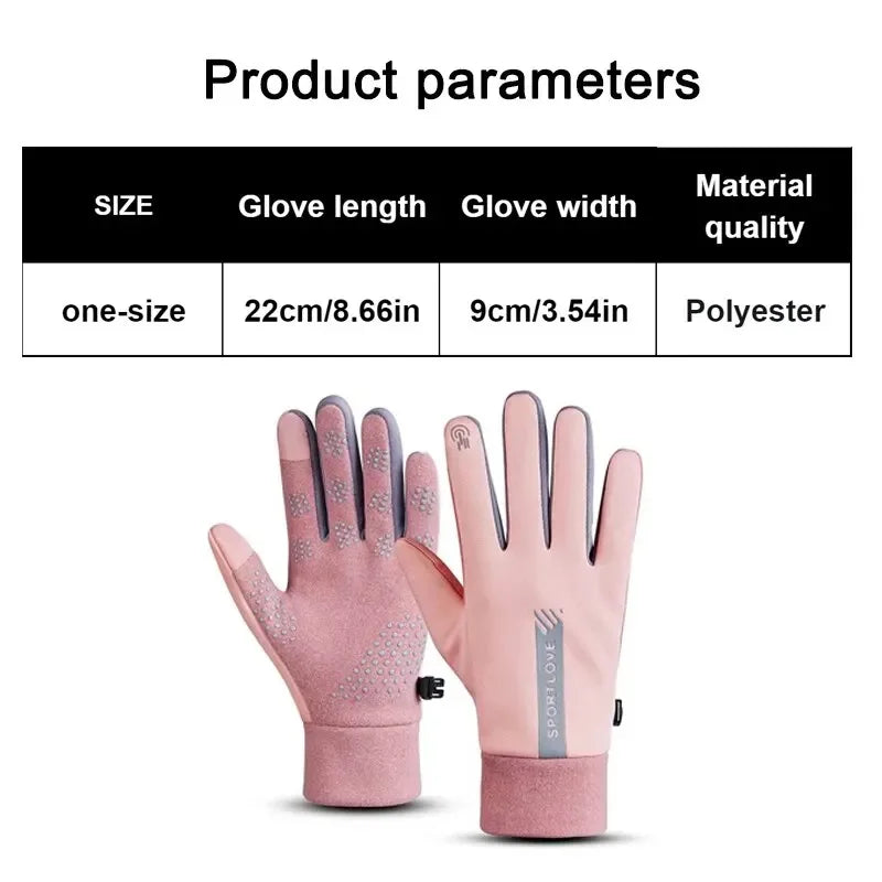 A pair of pink polyester thermal cycling and running gloves shown flat.