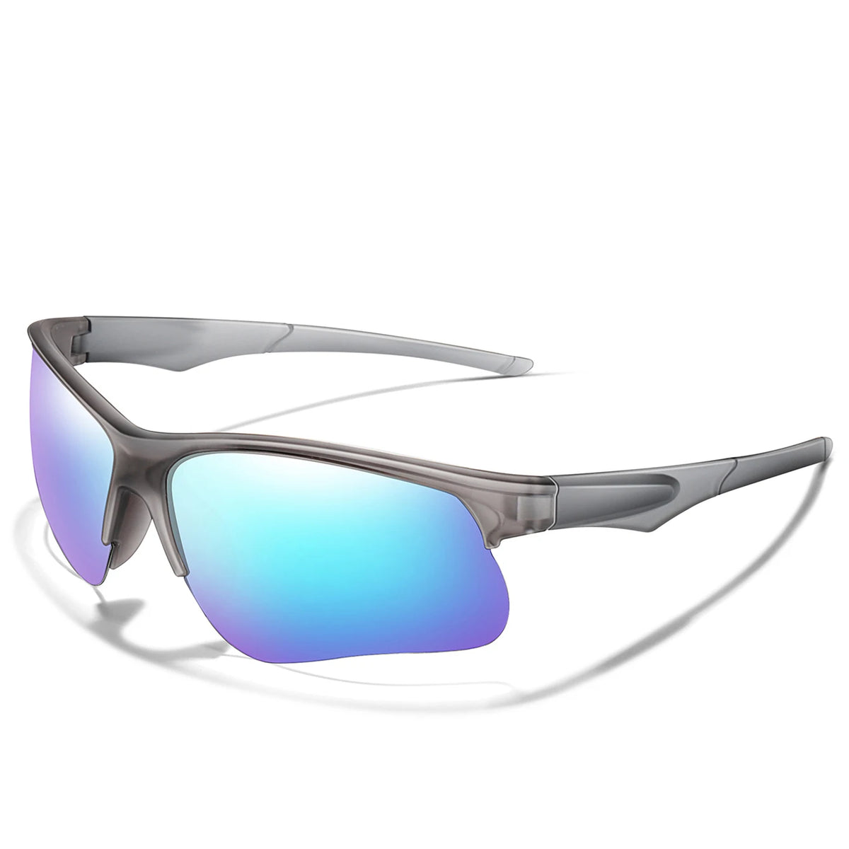 Gray-framed polarized sports sunglasses with vibrant blue and purple lenses