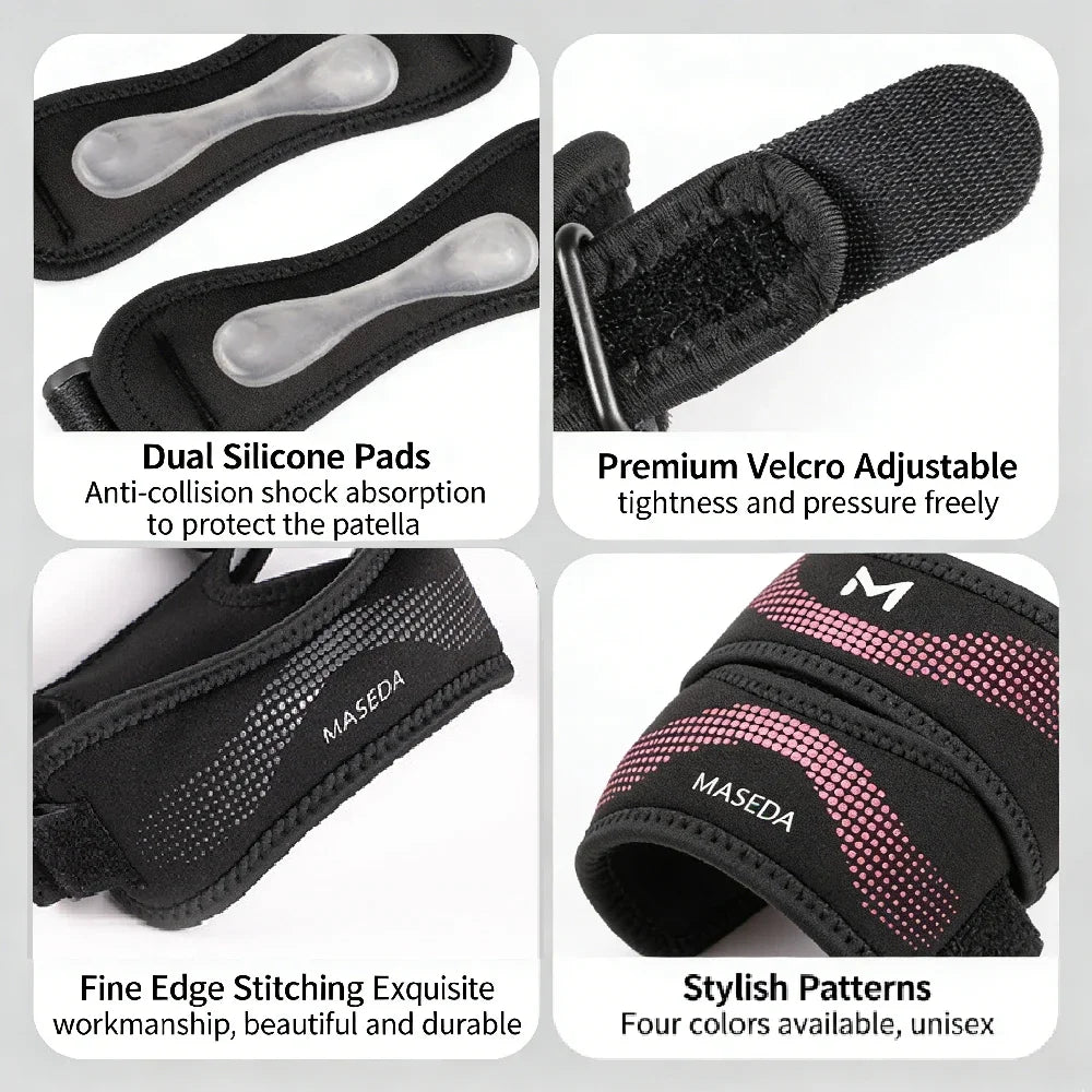 Schwarzer, verstellbarer Knie-Strap mit Silikonpolstern und Klettverschluss zur Schmerzlinderung