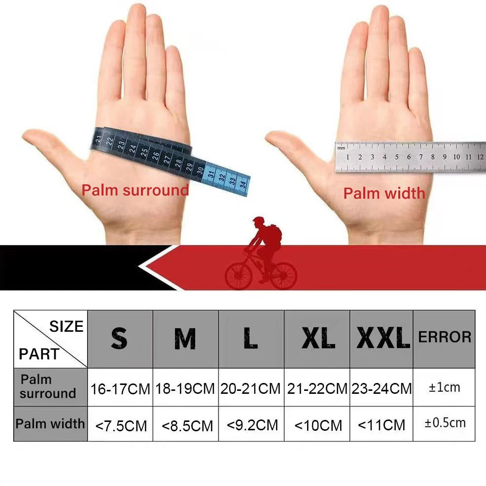 Diagram showing hand measurements for sizing motorcycle off-road cycling gloves including palm surround and width.