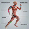 A muscular male model demonstrates various points of protection on his body using kinesiology tape for athletic recovery.