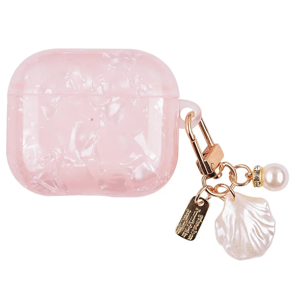 Pink leopard pearl protective case for AirPods Pro with a gold chain and pearl charm