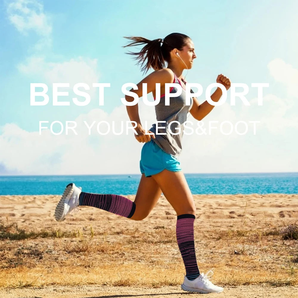 A woman running outdoors wearing compression socks while exercising.