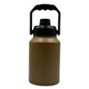 A brown insulated stainless steel thermos flask with a black handle and cap.