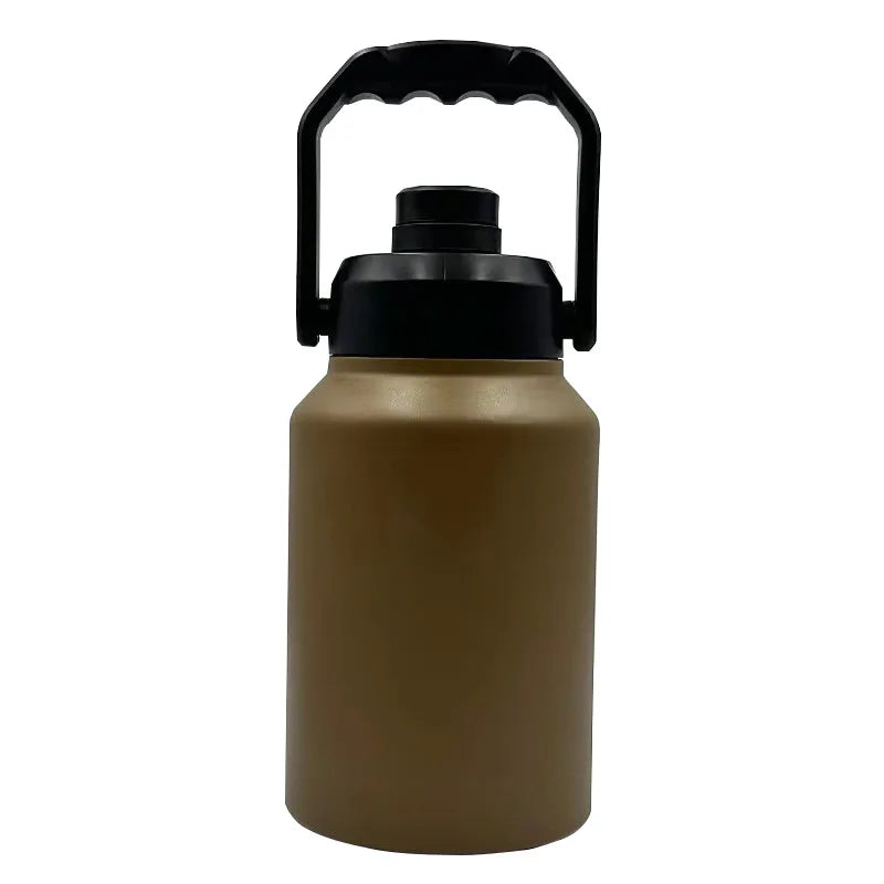 A brown insulated stainless steel thermos flask with a black handle and cap.