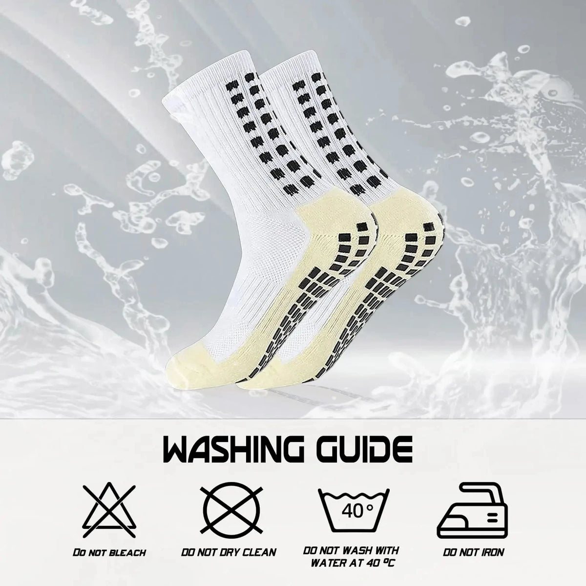 A pair of white and black patterned silicone grip socks shown with a washing guide.