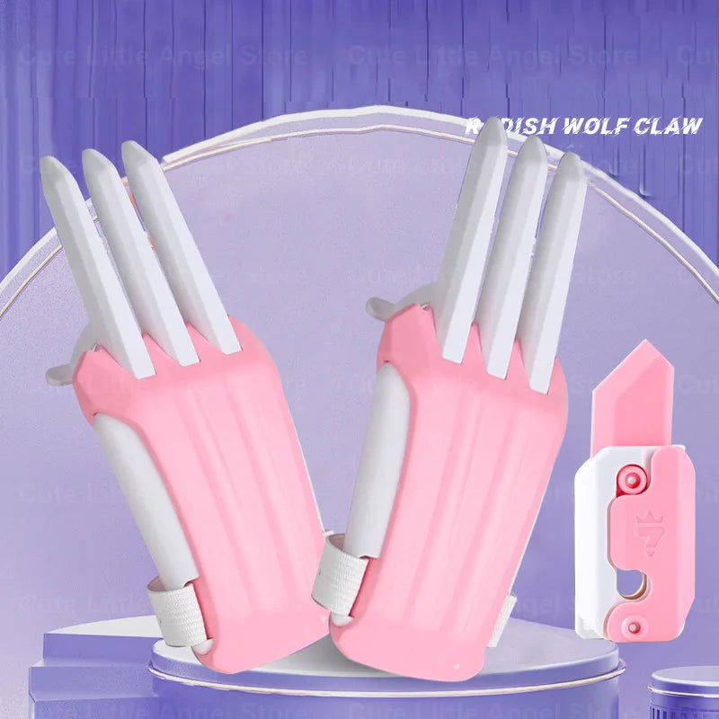 A pair of pink and white carrot-themed fidget stress relief toys are displayed against a purple background.