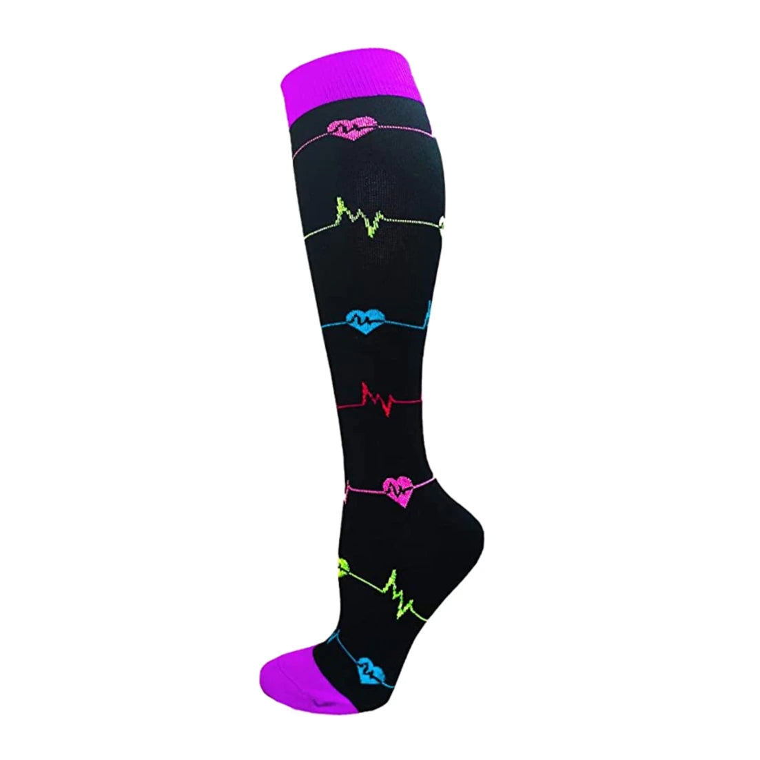 A pair of black compression socks with various colored heart and ECG line patterns and a purple cuff.