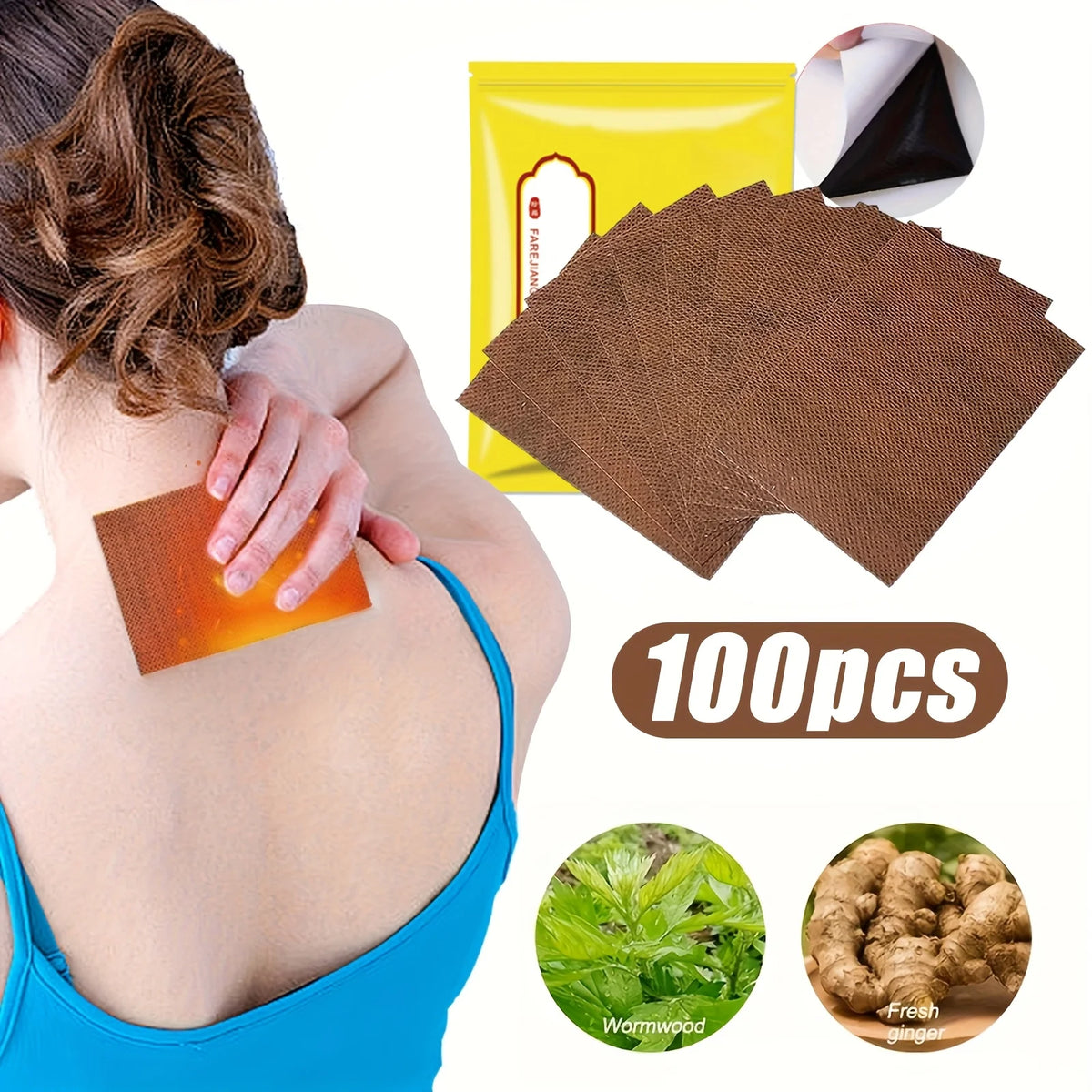 A brown heating patch is applied to the back of a person's neck, next to its packaging and ingredients.