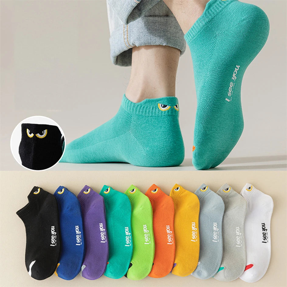 A variety of colorful ankle boat socks are displayed, including black, blue, purple, green, orange, and white.