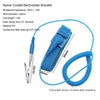 A blue ESD wristband with a conductive fiber and a connector, shown against a white background.