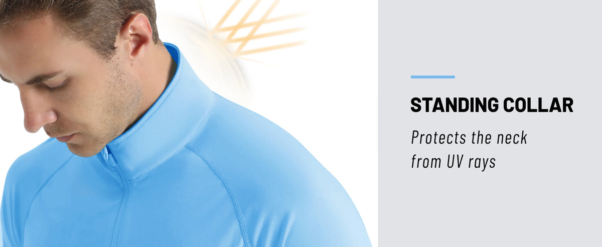 A man wearing a light blue standing collar shirt, demonstrating UV protection for the neck.