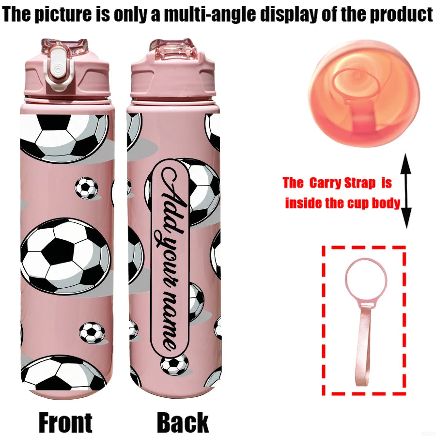 Front and back views of a pink personalized football water bottle with a clear lid and an orange cup top.