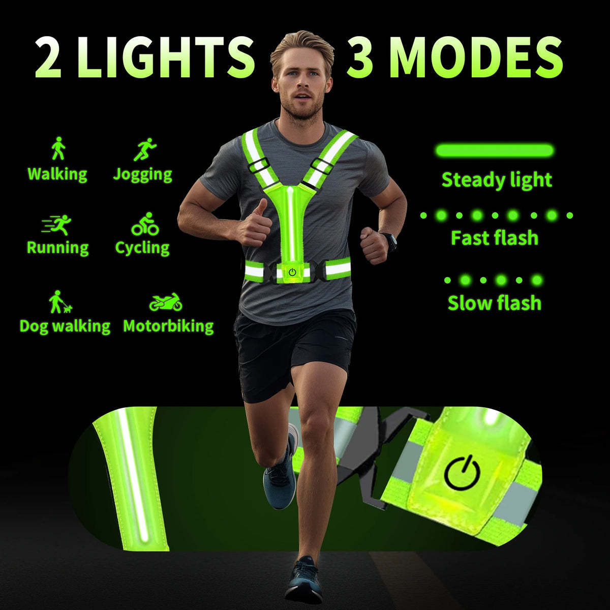 LED Reflective Running Vest with USB Rechargeable Lights