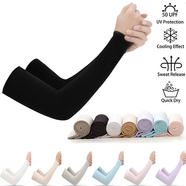 A collection of black and light-colored arm sleeves demonstrating UV protection, cooling effect, sweat release, and quick dry