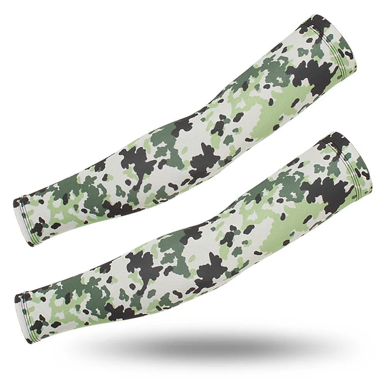A pair of camouflage patterned tactical arm sleeves displayed against a white background.