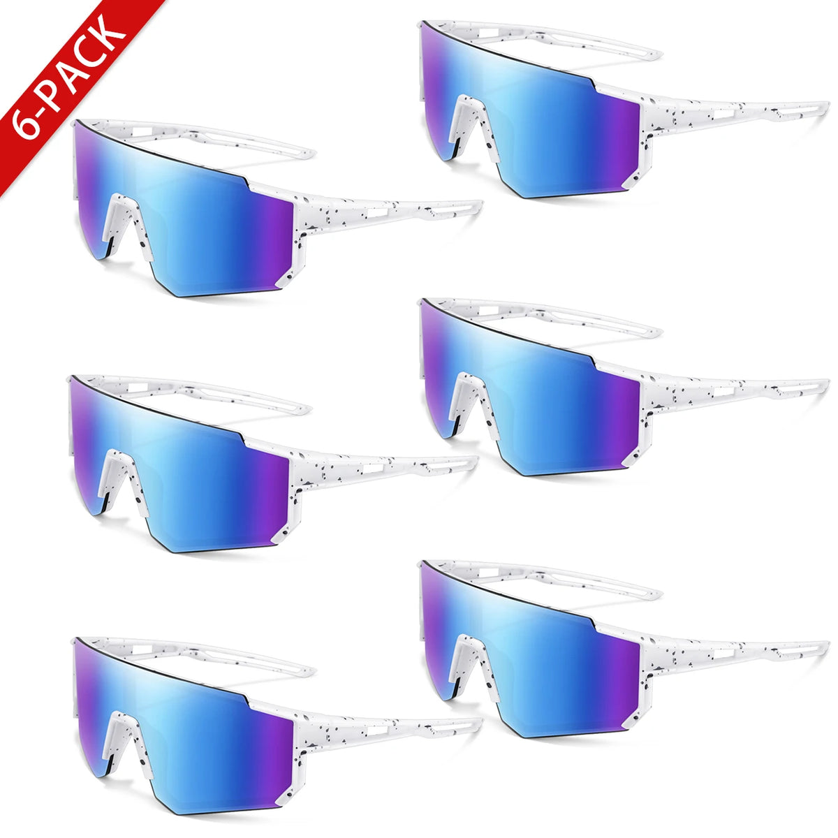 Sechs Paar Jugend-Sport-Sonnenbrillen mit blau-violetten spiegelnden Linsen.