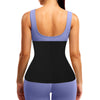 A woman wearing a purple body shaping waist trainer corset with black fabric and matching purple leggings.