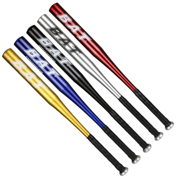 A collection of five durable aluminum baseball bats in various colors including red, black, and gold.
