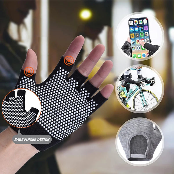 A hand wearing black breathable cotton yoga and fitness gloves, shown with inset images of the design and usage.